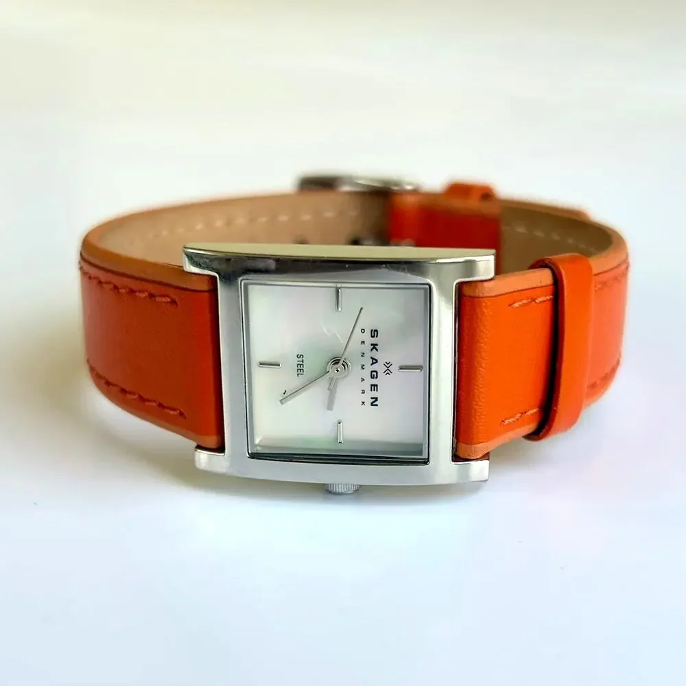Skagen Denmark Square Watch Mother of Pearl Orange Leather Strap 2000s Vintage - Picture 2 of 14